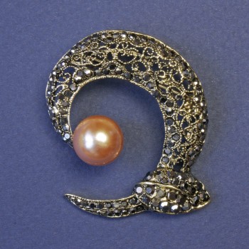 Accent Brooch with Brown Pearl and Gray Rhinestones, 45x48 mm +/- Bronze Metal