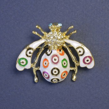 Insect Brooch with White Crystals, White, Green, and Orange Enamel on Golden Metal 39×30 mm+