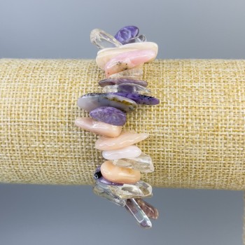 Bracelet Charoite, Rock Crystal, Opal Chip 'Needle', diameters 18x6 mm +/- and 15x3 mm +/-, length 18 cm +/- stretch