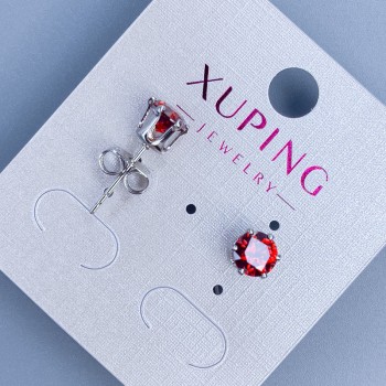 Xuping Stud Earrings with Red Stone, Crown Setting, 6mm, Rhodium-Plated