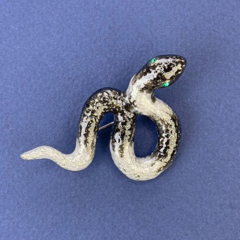 Brooch pendant Snake gray enamel with blue crystals silver-tone metal 53x32mm +