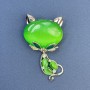 Cat Brooch with Green Cat's Eye, White Crystals, Silvery Metal 34x58mm+