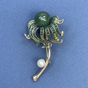 Brooch: Flower with Pearl, Green Rhinestones, Green Center, Gold-Tone Metal, 30x56mm+