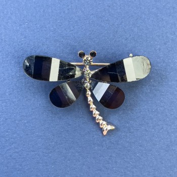Butterfly Brooch with White and Gray Crystals, Black-Gold-Tone Metal, Diameter 40 mm, Length 30 mm