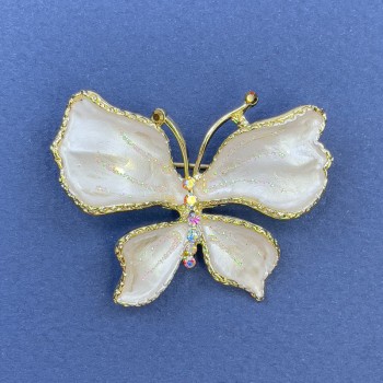 Butterfly Brooch with White Rhinestones on Gold-Tone Metal, 44 mm Diameter, 33 mm Length