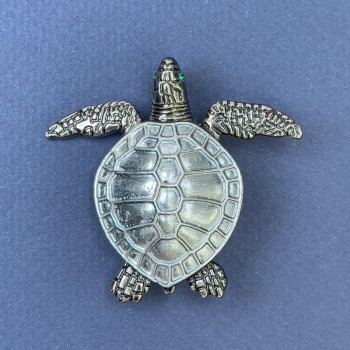 Blue Turtle Brooch-Pendant in Blue Color, Silver-Tone Metal, Diameter 47mm+-, Length 43mm+-