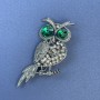 Owl Brooch with Green and Gray Rhinestones, Silvery Metal, Diameter 26 mm, Length 63 mm