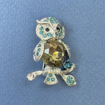 Owl brooch-pendant with blue crystals, gray crystal, silver-toned metal, diameter 26 mm, length 36 mm