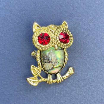 Brooch Pendant Owl Halotis with Red Crystals, Golden Metal, Diameter 26mm±, Length 33mm±