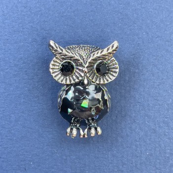 Brooch pendant Owl Halotis with Black Crystals, Silver-tone metal, diameter 19mm, length 27mm