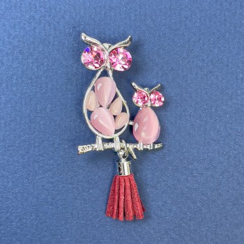 Brooch pendant 'Owl' with pink cat's-eye gemstone, pink crystals, silver-toned metal, diameter 24 mm ±, length 50 mm ±