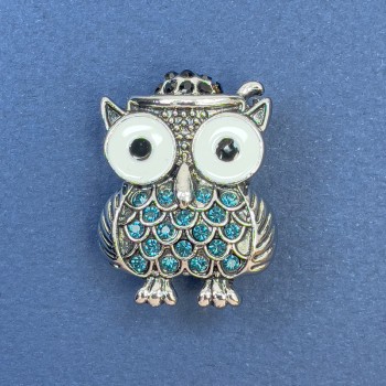 Brooch 'Owl' with White Enamel and Blue Crystals, Silver Metal, diameter 22mm, length 29mm
