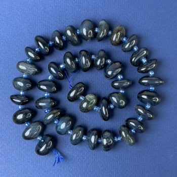 Hawk's Eye Faceted Bead 14x8mm +/- with Seed Beads, hole diameter 3mm +/- on thread, length 40cm+