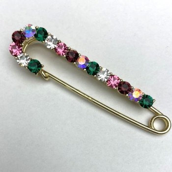 Coat brooch pin with multicolor rhinestones, 72x18 mm, metal color 'gold'