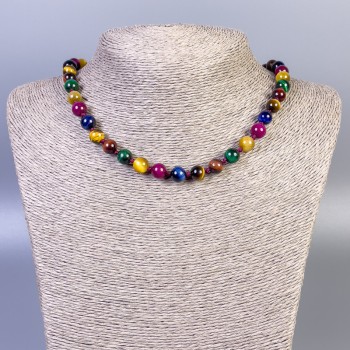 Necklace of Tiger's Eye, Cat's Eye, and Bull's Eye – Smooth beads, 8 mm diameter, 45 cm length, with clasp