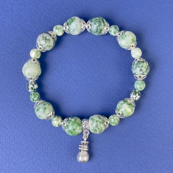 Moss Agate Bracelet with Smooth Beads, 6mm and 10mm Diameters, Metal Settings, 18 cm Length (Stretch)