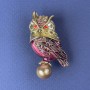 Brooch Owl with pink and red rhinestones, pearl, gold-tone metal, 43×21 mm+