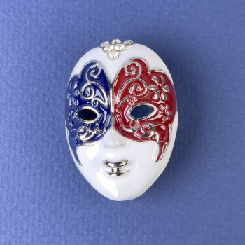 Брошка Маска біла чорна бардова емаль білі стрази сріблястий метал 27х39мм+