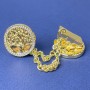 Brooch for cardigans, golden metal, white crystals, diameter 20 mm ±, chain length 9 cm ±