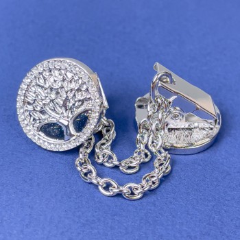 Cardigan brooch in silver metal with white crystals, diameter about 20 mm, chain length about 9 cm