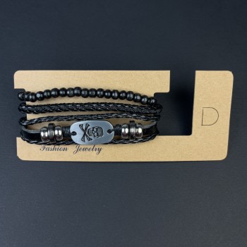 Браслет потрійний еко шкіра металеві вставки на затягуванні, довжина 18-24см чорний