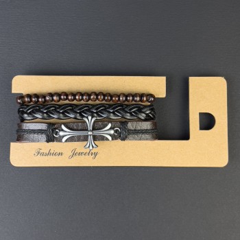 Браслет потрійний еко шкіра вставка Хрест на затягуванні, довжина 18-24см коричневий та чорний