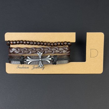 Браслет потрійний еко шкіра вставка Хрест на затягуванні, довжина 18-24см коричневий