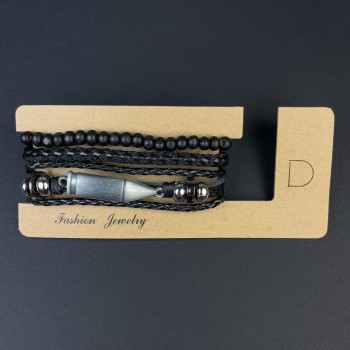 Браслет потрійний еко шкіра вставка Куля на затягуванні, довжина 18-24см чорний