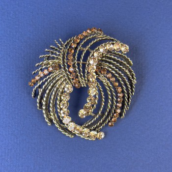 Accent Brooch with Light-Brown and Brown Crystals, Bronze-Gold Metal, 50mm diameter +