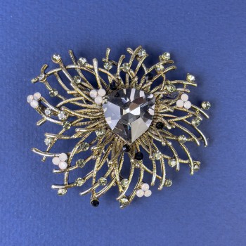 Brooch Accent with Gray Rhinestones and Gray Crystal, Bronze-Gold-Toned Metal, Diameter about 55 mm +