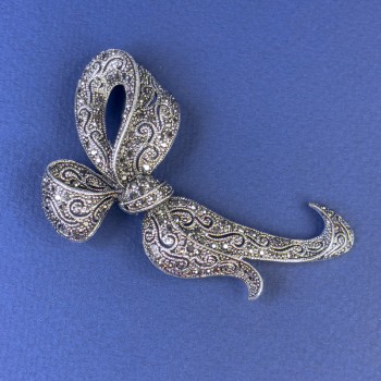 Bow Brooch with Gray Crystals in Dark-Silver Metal, Diameter 70×43 mm +