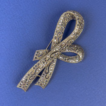 Bow Brooch with Gray Crystals Bronze-Gold Metal, 78×40 mm +