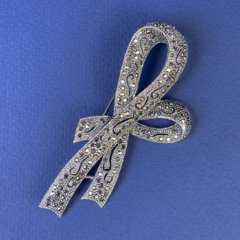 Bow Brooch with Gray Crystals in Dark-Silver Metal, Diameter 78×40 mm +