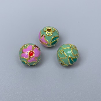 Cloisonné Bead in Lavender and Light-Green Enamel, 10 mm Diameter, 2 mm Hole, Gold-Tone Metal, 1 pc