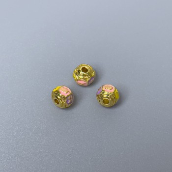 Cloisonné Rondelle Bead Pink-Yellow-Lilac Enamel, Diameter 6x5 mm, Hole Diameter 1 mm, Gold-Colored Metal, 1 piece