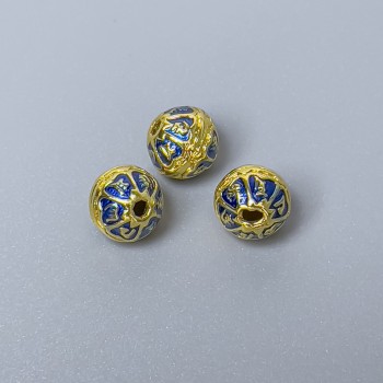 Cloisonné Bead Blue Enamel, 7x6mm, +/- hole, 1mm hole diameter, gold-tone metal, 1 pc