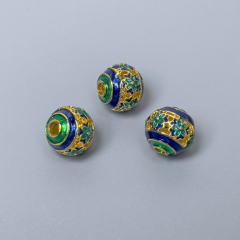 Cloisonné Bead Blue-Green Enamel, 8 mm diameter, 1.5 mm hole, gold-tone metal, 1 pc