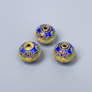 Cloisonné Bead with Blue Enamel, 10×9 mm diameter, hole diameter about 1.8 mm, golden metal color, 1 pc