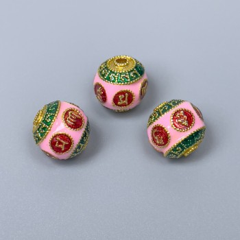 Cloisonné Bead Findings, red, green and pink enamel, diameter 10mm ±, hole diameter 2mm, gold-tone metal, 1 pc