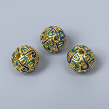 Cloisonne Bead Blue Turquoise Enamel, 10mm diameter ±, 2mm hole, gold-colored metal, 1 pc