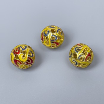 Cloisonné bead red, yellow and blue enamel, 10 mm diameter, 2 mm bore, gold-tone metal color, 1 pc