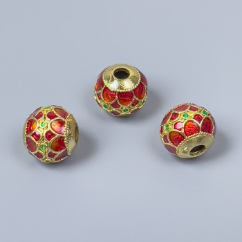 Cloisonné Bead Red and Green Enamel, 10x9 mm diameter, 3 mm hole, Gold-Colored Metal, 1 pc