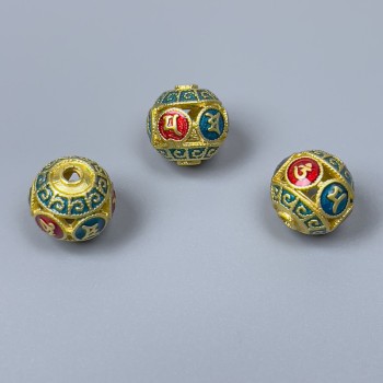 Cloisonne Bead red and turquoise enamel, 11 mm diameter, hole diameter 2-3 mm, gold-tone metal color, 1 pc