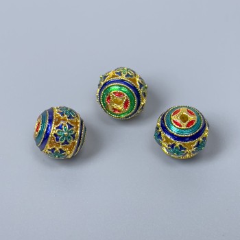 Cloisonné Bead Fittings - enamel in blue, red, sky blue, and green; size 10×9 mm; hole diameter 1.5 mm; gold-tone metal; 1 piece