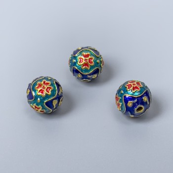 Cloisonné bead finding blue turquoise red enamel, 10mm diameter, 2mm hole, gold-tone metal, 1 piece