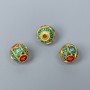 Cloisonné Bead Turquoise-Red Enamel, 10 mm Diameter, 1.8 mm Hole, Light Gold Metal Color, 1 pc