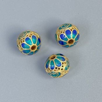 Cloisonné Bead blue-green enamel, diameter 10x9.5 mm, hole 2 mm, gold-tone metal, 1 pc