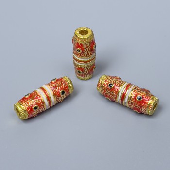 Cloisonné Cylindrical Bead, Red, White and Black enamel, 6×17 mm, hole 2.5 mm, gold-tone metal, 1 pc
