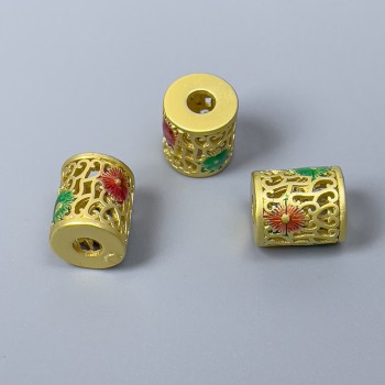 Cloisonné Bead Cylinder Red and Green Enamel, 9×10 mm diameter, 3 mm hole, Gold-tone metal color, 1 piece