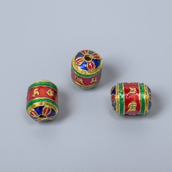 Cloisonné Bead - Cylindrical, Blue, Red, Green Enamel, Diameter 8×10 mm, Hole Diameter 1 mm, Gold-tone Metal, 1 pc